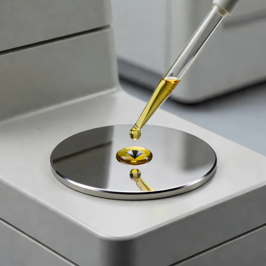Gota de óleo sobre disco metálico de ensaio